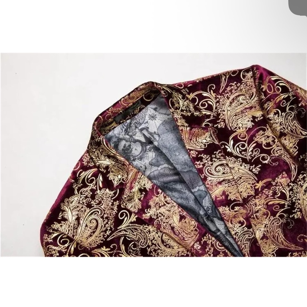 Gold and Burgundy Velvet Paisley Blazer - Picture 4 of 14